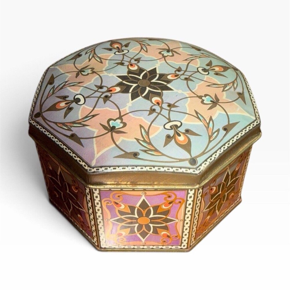 Octagonal Floral Multicolor Metal Trinket Box with Lid Decorative Lidded Tin